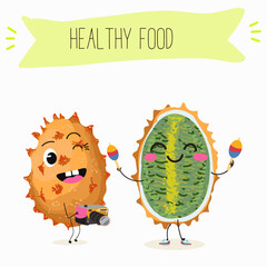 Bael fruit cute funny cheerful characters with different poses and emotions, wood apple whole and sliced. Vector hand drawn illistration.