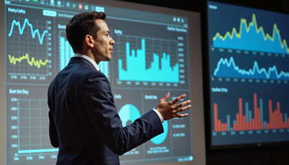 Young speaker presenting graphs on big screen, engaging audience