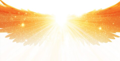 Radiant orange angel wings against a bright white background,  with golden light radiating outward