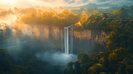 Fototapeta premium A breathtaking aerial view of a waterfall cascading through lush green forests at sunrise.