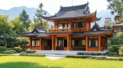 Obraz premium A traditional wooden building with a dark roof sits amidst lush greenery.