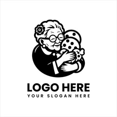 Minimalist grandma bakery logo, retro-inspired granny hugging cookies vector emblem