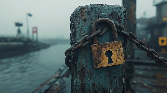 Rusty padlock and chain secure a weathered post by a foggy waterway