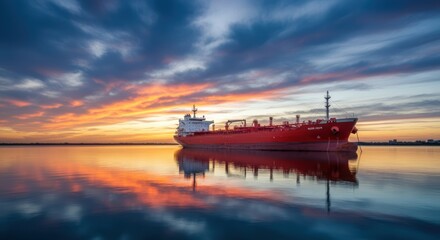 Obraz premium Majestic red cargo ship reflecting in tranquil sunset waters