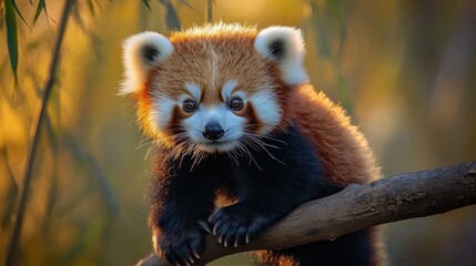 Adorable Red Panda Clinging to a Tree Branch in Natural Habitat