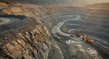 Aerial view of open-pit mining operations with heavy machinery