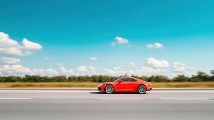 Obraz premium Red sports car on highway under clear blue sky with scenic landscape.