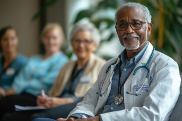 Experienced doctor interacts with patients in a modern healthcare facility during a routine consultation in the afternoon