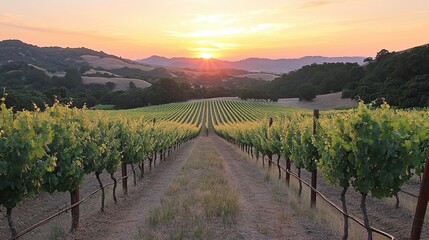 Fototapeta premium A peaceful vineyard at sunset, with rows of grapevines stretching toward the horizon.