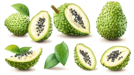 Fototapeta premium A collection of whole and sliced exotic fruits with seeds and leaves, isolated on white