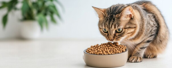 Cat playing with interactive feeder filled with nutritious kibble, modern pet lifestyle concept