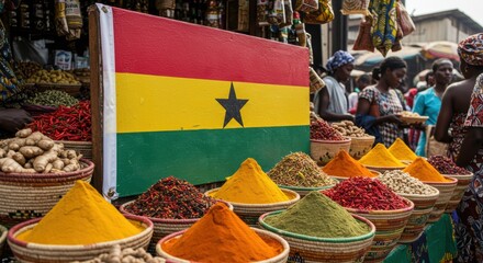 Colorful spices in ghanaian market with vibrant flag display
