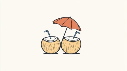 Two coconuts under umbrella, refreshment illustration, drink concept