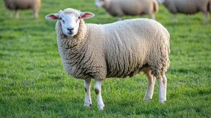 Fototapeta premium A single sheep stands in a green grassy field looking forward
