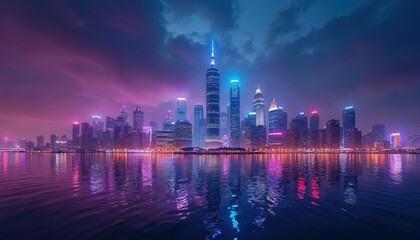 Fototapeta premium Futuristic city skyline illuminated with neon lights reflects on water. Tall buildings, skyscrapers create impressive cityscape. Urban architecture destination at night. Modern business center.