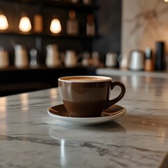 Obraz premium The image features a dark brown ceramic mug and saucer, with the mug containing a light-colored beverage, possibly coffee or tea. The set rests on a textured, light-colored surface. The background is 