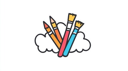 Colorful pencils and brushes on cloud; creativity, art supplies, design