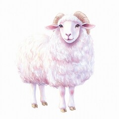 Fototapeta premium A cute, fluffy white sheep with curved horns stands confidently, showcasing its soft wool and friendly expression.