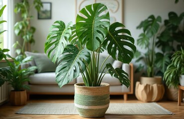 Indoor monstera deliciosa thai constellation houseplant with white sprinkled variegated leaves in basket pot. Potted home plant in living room with decor elements, many plants. Stylish interior