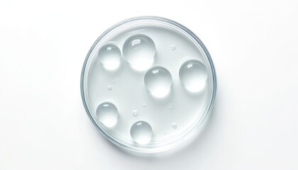 Top view of Petri dish filled transparent gel, serum water on white background. Isolated drops of liquid. Suitable for cosmetics, bio research, science, beauty products promo, laboratory experiments.