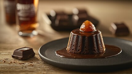 Decadent Chocolate Dessert with Rich Sauce and Fruit Garnish on Rustic Wooden Table