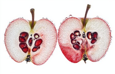 Fresh apple halves, detail, seeds, white background