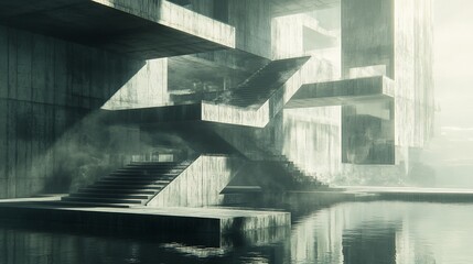 Naklejka premium Concrete structure with stairs reflecting in water, abstract architecture design