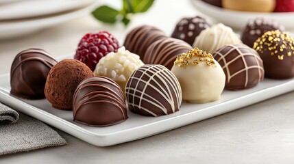 Assorted Gourmet Chocolate Truffles on a White Plate with Fresh Berries and Mint Leaves as Decorative Elements