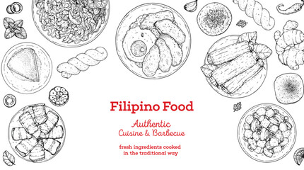 Obraz premium Filipino food top view vector illustration. Food menu design template. Hand drawn sketch. Filipino food menu. Vintage style.
