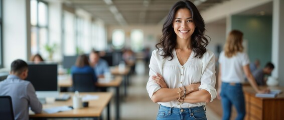 A confident professional woman smiling while standing in a modern open office, surrounded by colleagues engaged in collaboration. The atmosphere is professional, inspiring teamwork and productivity