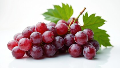 Fototapeta premium Bunch of ripe red grapes with leaves on white background. Juicy fruit harvest. Fresh and vibrant grapes ingredient for wine, juice, dessert, cuisine, nourishment, diet.