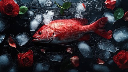 A whole red snapper fish lying on ice, a stock photo for commercial photography,