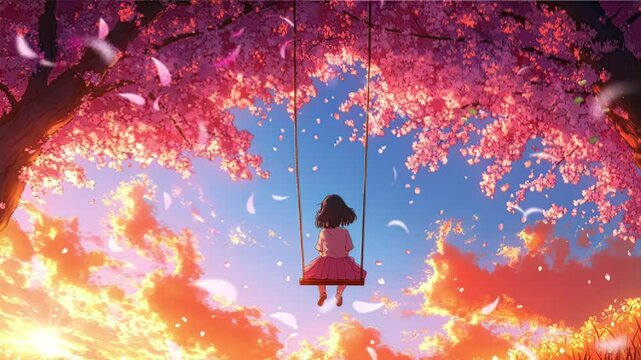 Serene girl on swing under blossoming cherry trees at sunset.  Perfect for meditation, relaxation themes. seamless looping time-lapse animation