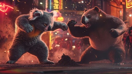 Koala and Bear Fight in a Neon-Lit City