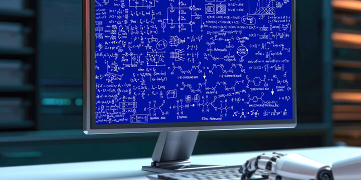 Mathematic equations and brisk formula on computer screen showing concept of science and education