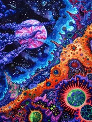Colorful Space Dreamscape: Abstract Galaxy Art with Celestial Bodies and Vibrant Cosmic Patterns