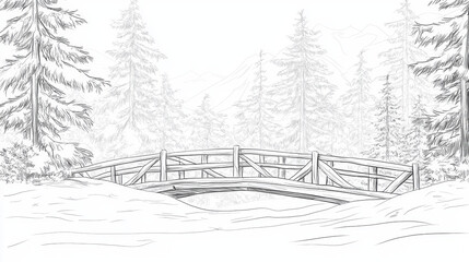 Obraz premium serene landscape featuring wooden bridge over calm river, surrounded by tall trees and mountains in background, perfect for coloring
