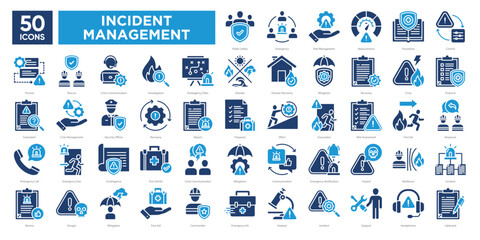 Incident management icon collection set., including emergency response, risk assessment, crisis communication, and recovery. Ideal for safety materials, infographics, and presentations.