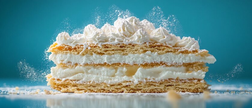 Creamy layered pastry slice dusting over table, blue backdrop