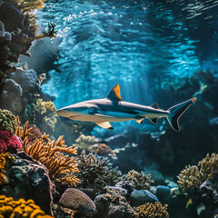 Fototapeta premium Shark swimming gracefully among vibrant coral reefs