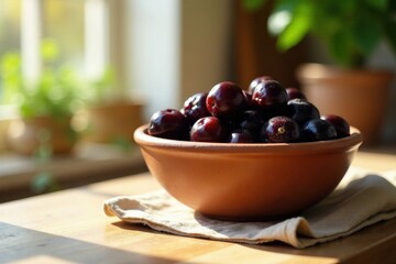 Sunlit bowl of dark-colored ripe berries on a wooden surface with a soft fabric napkin