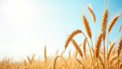 Golden wheat field with ripe ears of grain against clear blue sky. Summer harvest backdrop. Agriculture landscape with cereals under sunlight for flour production or breadmaking.