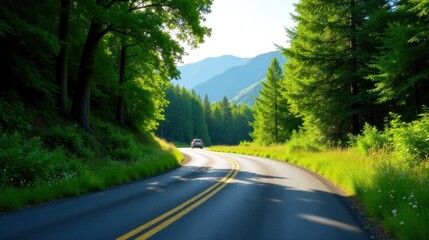 Fototapeta premium Scenic Drive Through Lush Green Forest with Distant Mountains on a Sunny Day