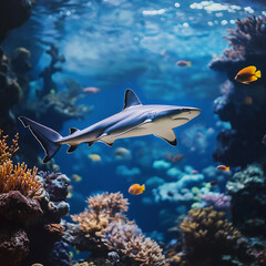 Fototapeta premium Shark swimming among coral reefs in underwater environment