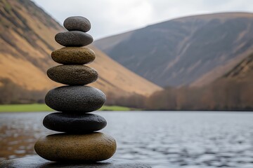 A stack of balanced stones sits next to a lake