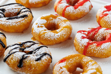 A group of donuts with powdered sugar and various toppings on a white plate close-up