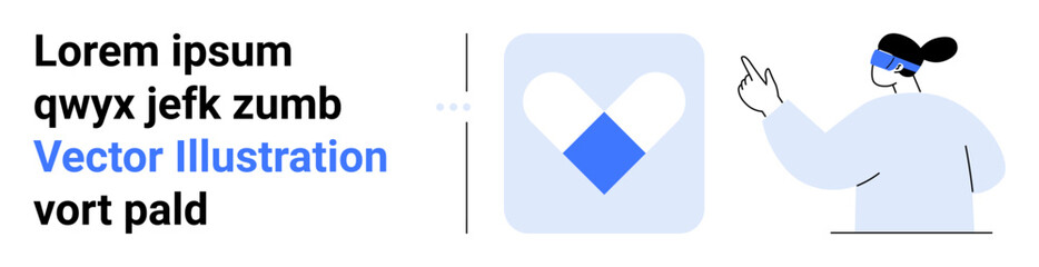 Person pointing at abstract heart-shaped design and text in a minimalist blue and white layout. Ideal for healthcare, charity, innovation, branding, user interface, design concepts, simple landing