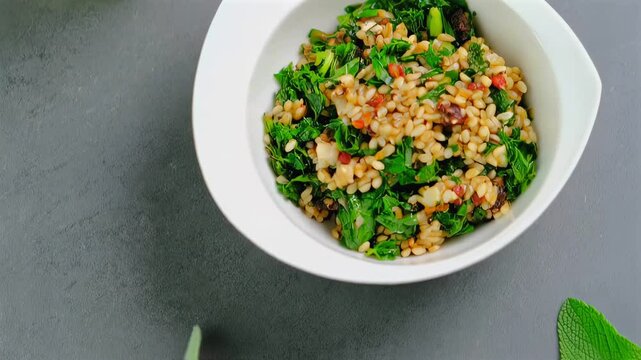 Vibrant tabbouleh salad resting in white bowl, garnished with mint, sage, lime on gray background, showcasing fresh culinary artistry