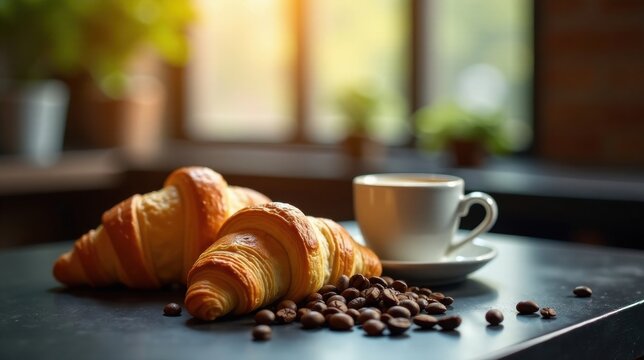 Golden-brown croissants and a steaming cup of coffee, a delightful morning breakfast scene on a dark table near a sunlit window.
