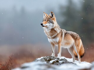 Fototapeta premium Majestic Coyote Standing Proudly on Snowy Rock in Winter Landscape Wildlife Photography